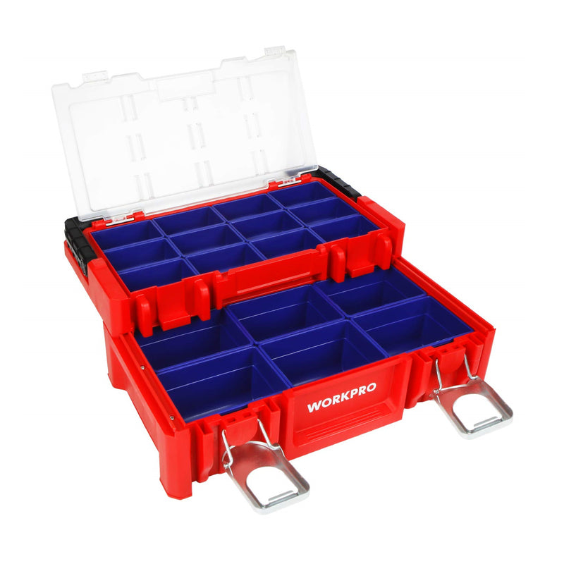 WorkPro 17-inch Plastic Tool Box. Red Storage Box with Locking Lid and Stainless